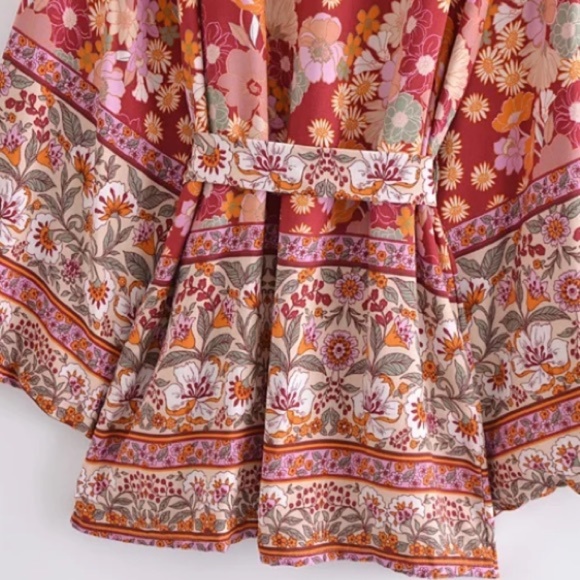 Wine Floral Bohemian Short Floral Kimono Wrap Top - Picture 12 of 12